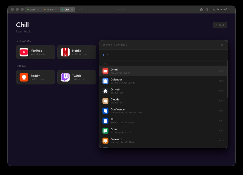 suprow browser with spaces, quick access and the command palette